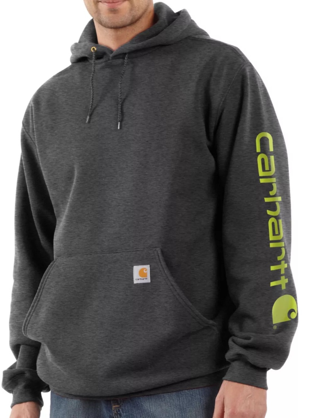 Carhartt Men's Charcoal Hooded Sweatshirt with Yellow Logo Sleeve
